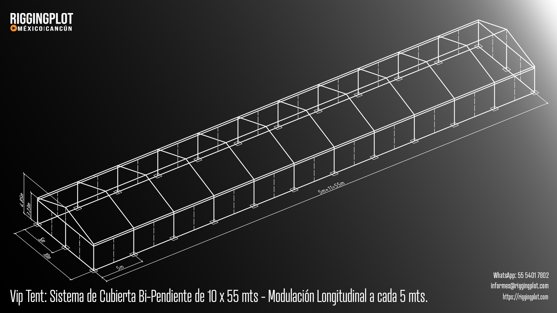 Carpa Losberger VIP Tent de 10.00 × 55.00 m con sistema de caída de agua bi pendiente en renta para eventos en Cancún.