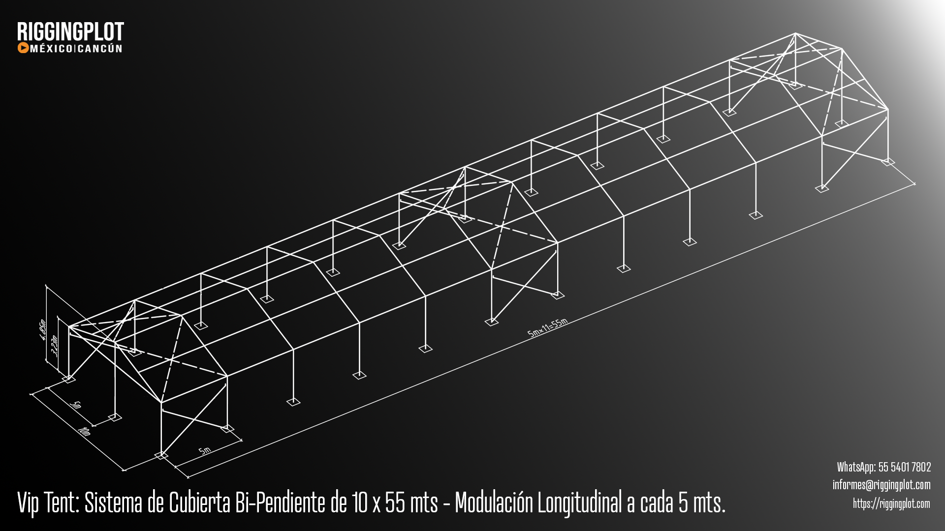Carpa Losberger VIP Tent de 10.00 × 55.00 m con sistema de caída de agua bi pendiente en renta para eventos en Cancún.
