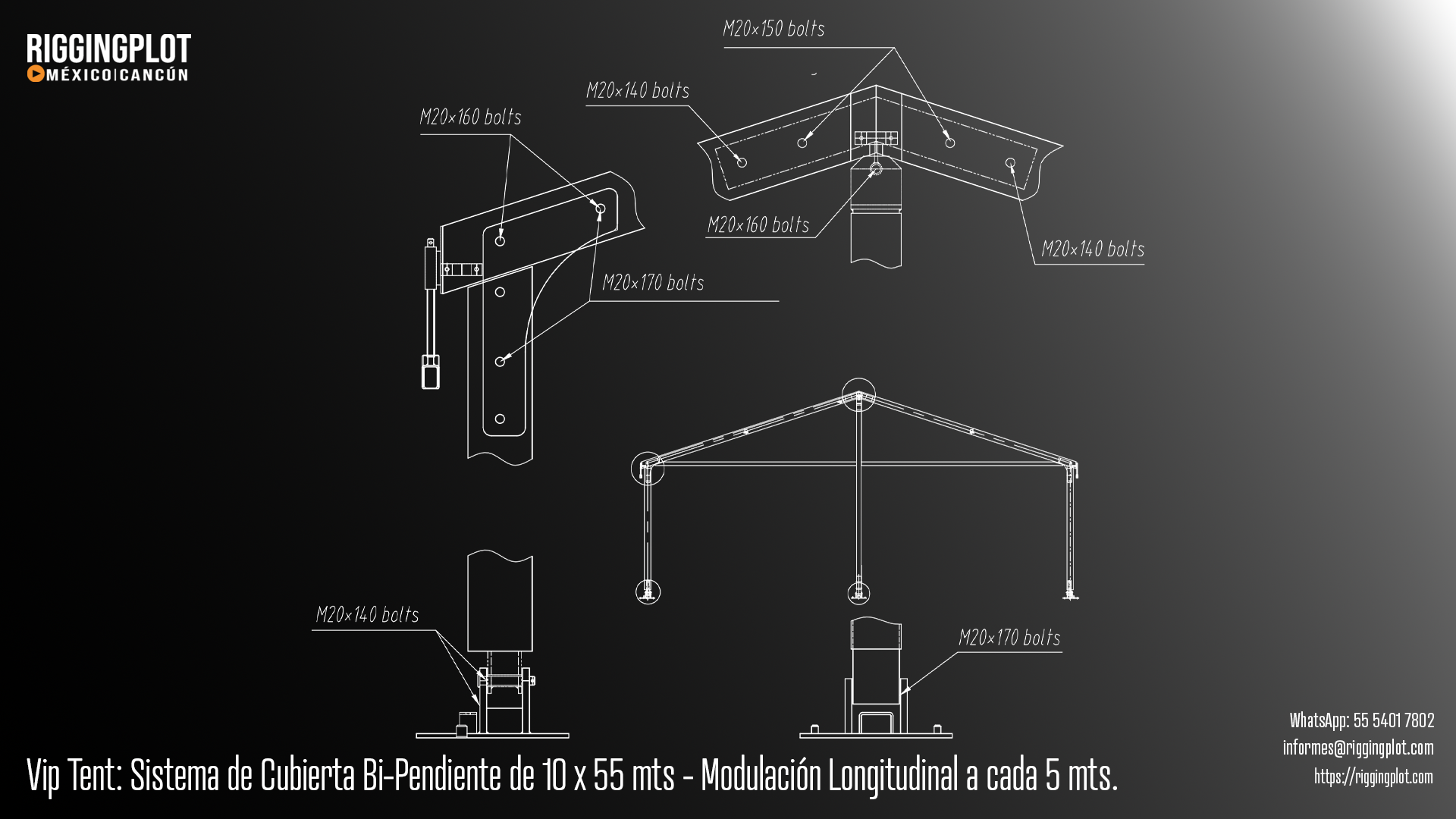 Carpa Losberger VIP Tent de 10.00 × 55.00 m con sistema de caída de agua bi pendiente en renta para eventos en Cancún.