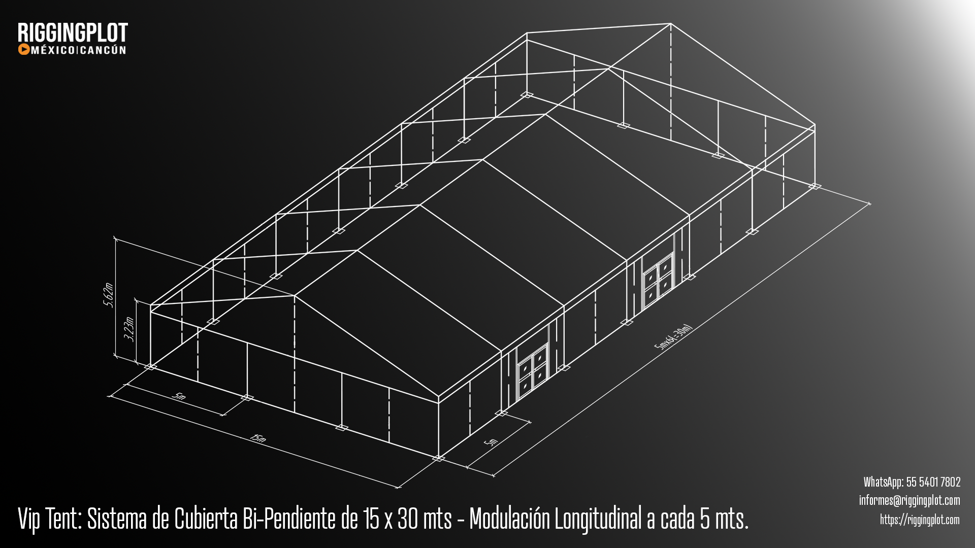Carpa Losberger VIP Tent de 15.00 x 30.00 m con sistema de caída de agua bi pendiente en renta para eventos en Cancún.