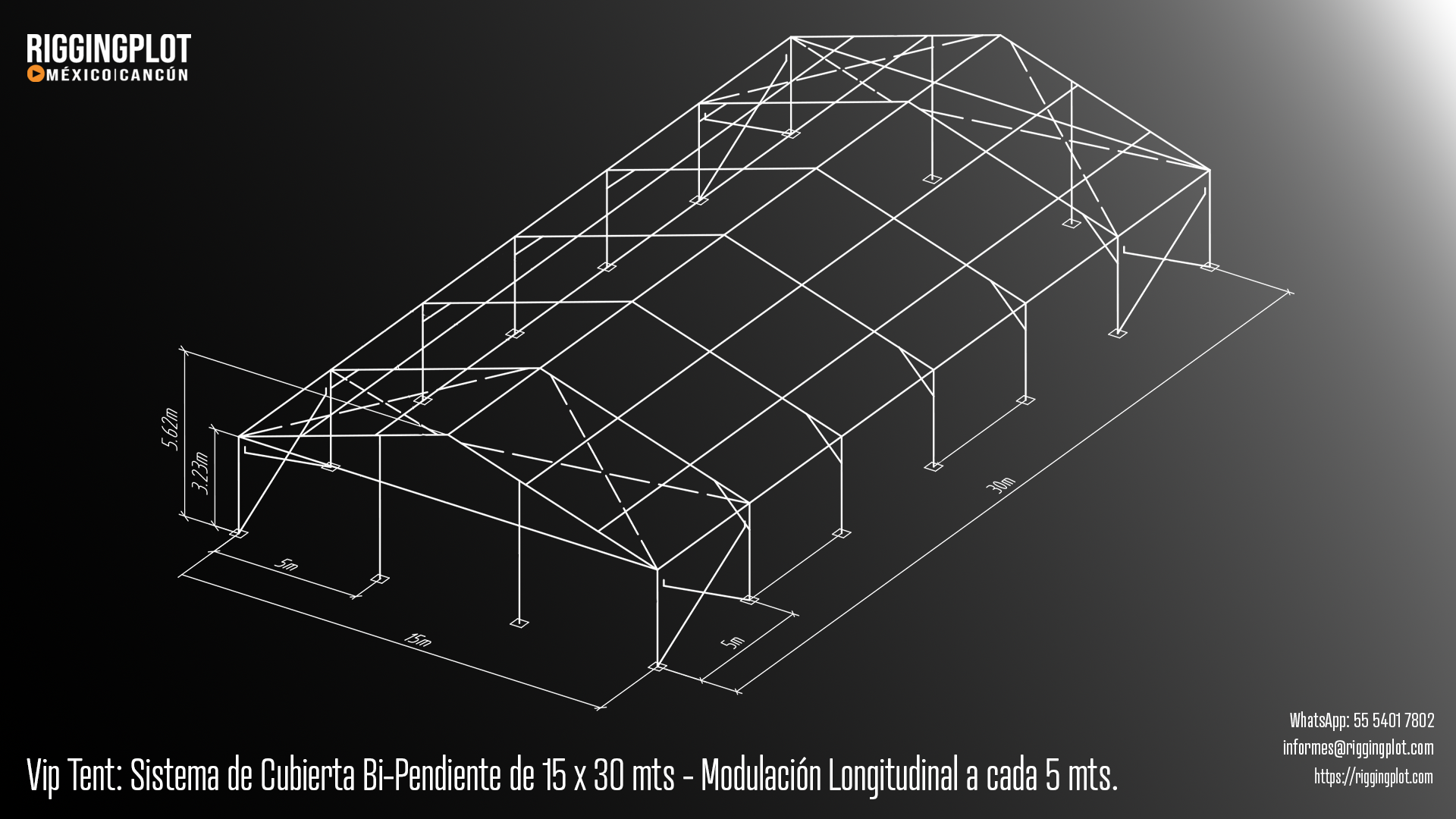 Carpa Losberger VIP Tent de 15.00 x 30.00 m con sistema de caída de agua bi pendiente en renta para eventos en Cancún.