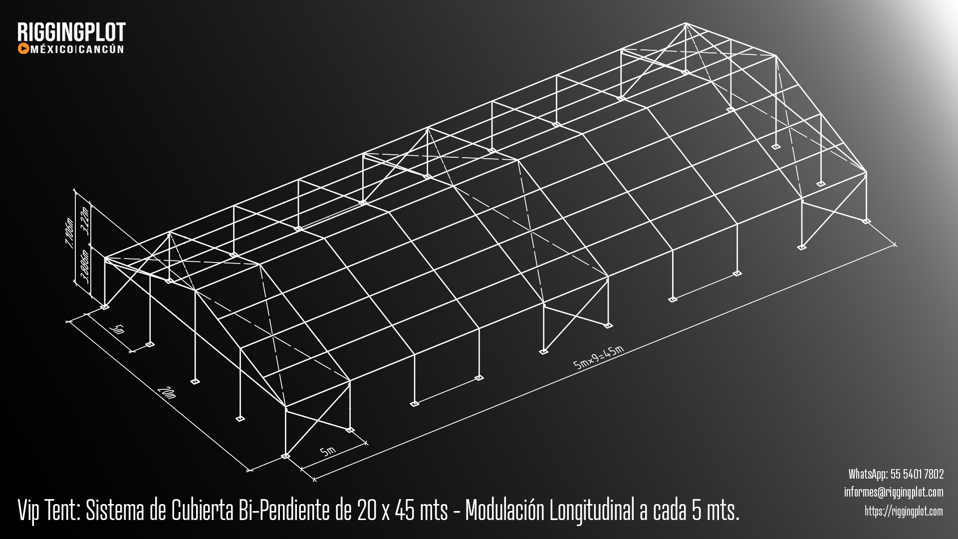 Carpa Losberger VIP Tent de 20.00 × 45.00 m con sistema de caída de agua bi pendiente en renta para eventos en Cancún.