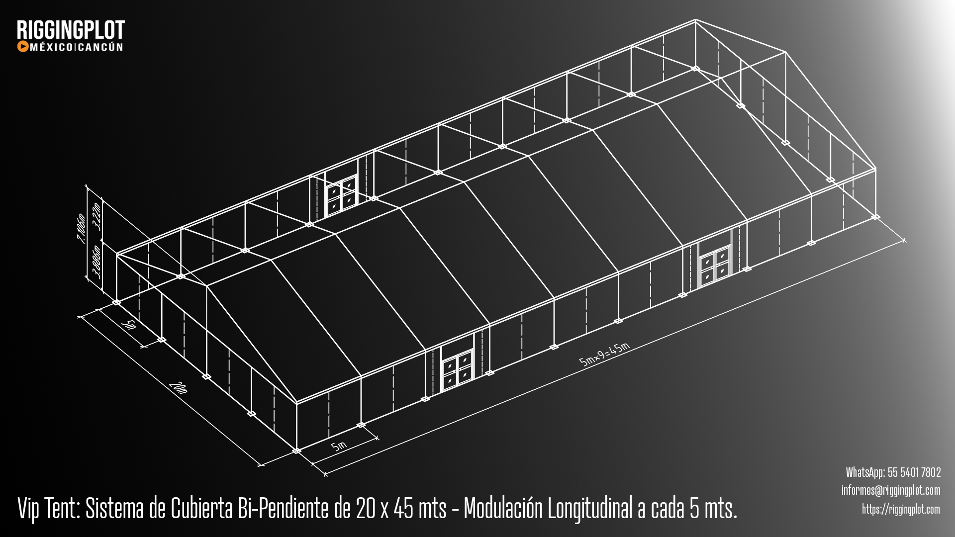 Carpa Losberger VIP Tent de 20.00 × 45.00 m con sistema de caída de agua bi pendiente en renta para eventos en Cancún.