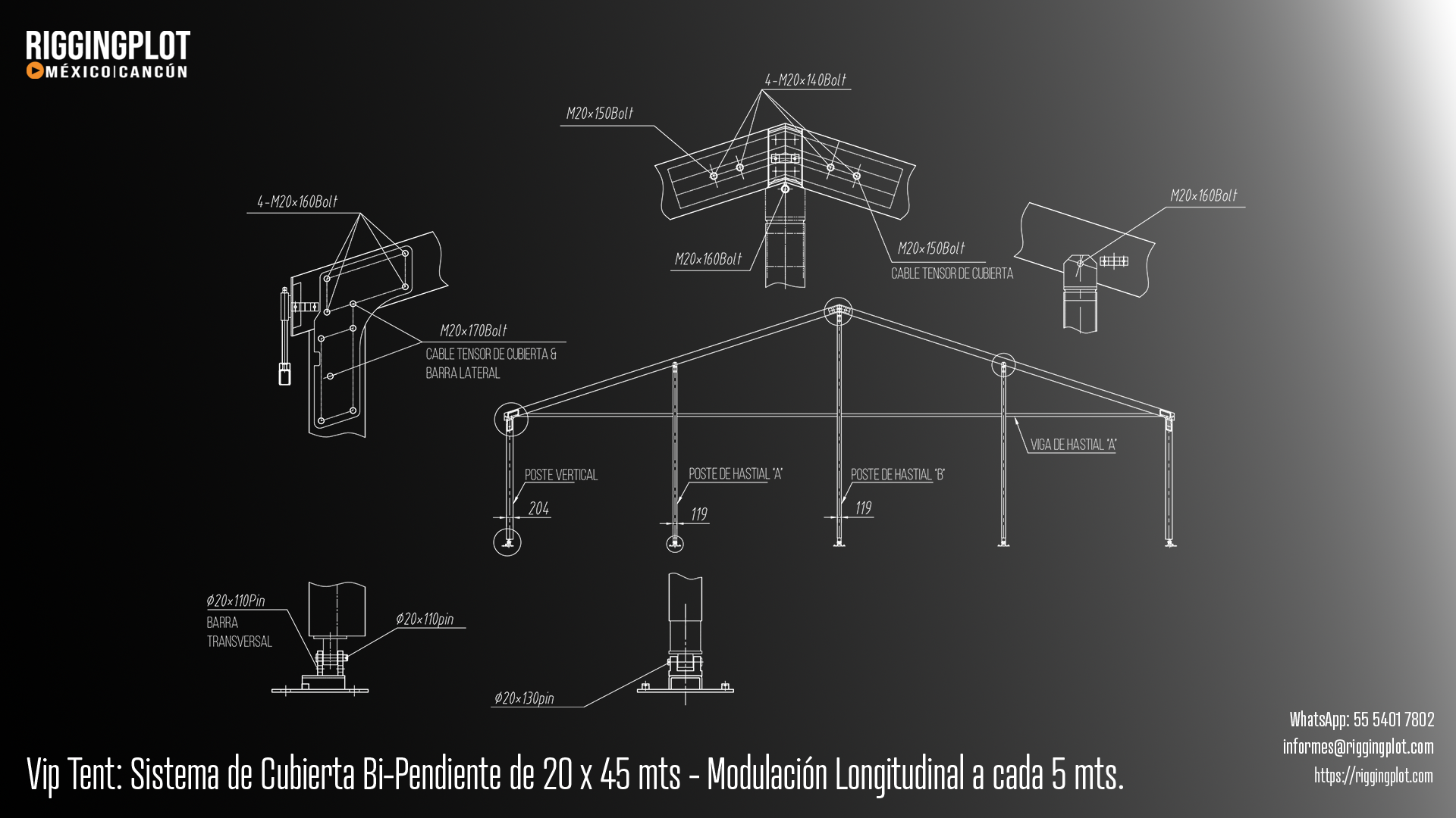 Carpa Losberger VIP Tent de 20.00 × 45.00 m con sistema de caída de agua bi pendiente en renta para eventos en Cancún.