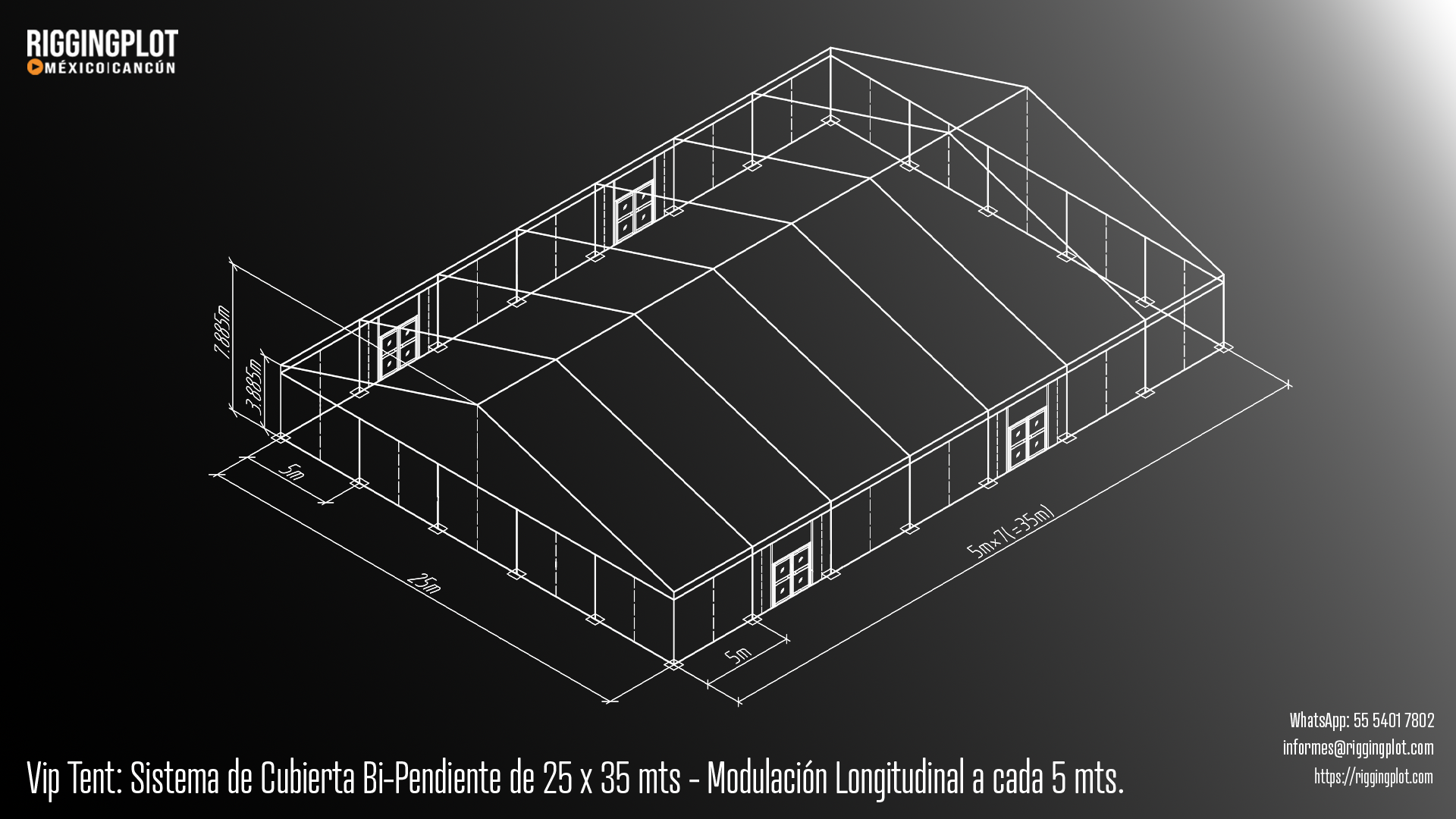 Carpa Losberger VIP Tent de 25.00 × 35.00 m con sistema de caída de agua bi pendiente en renta para eventos en Cancún.