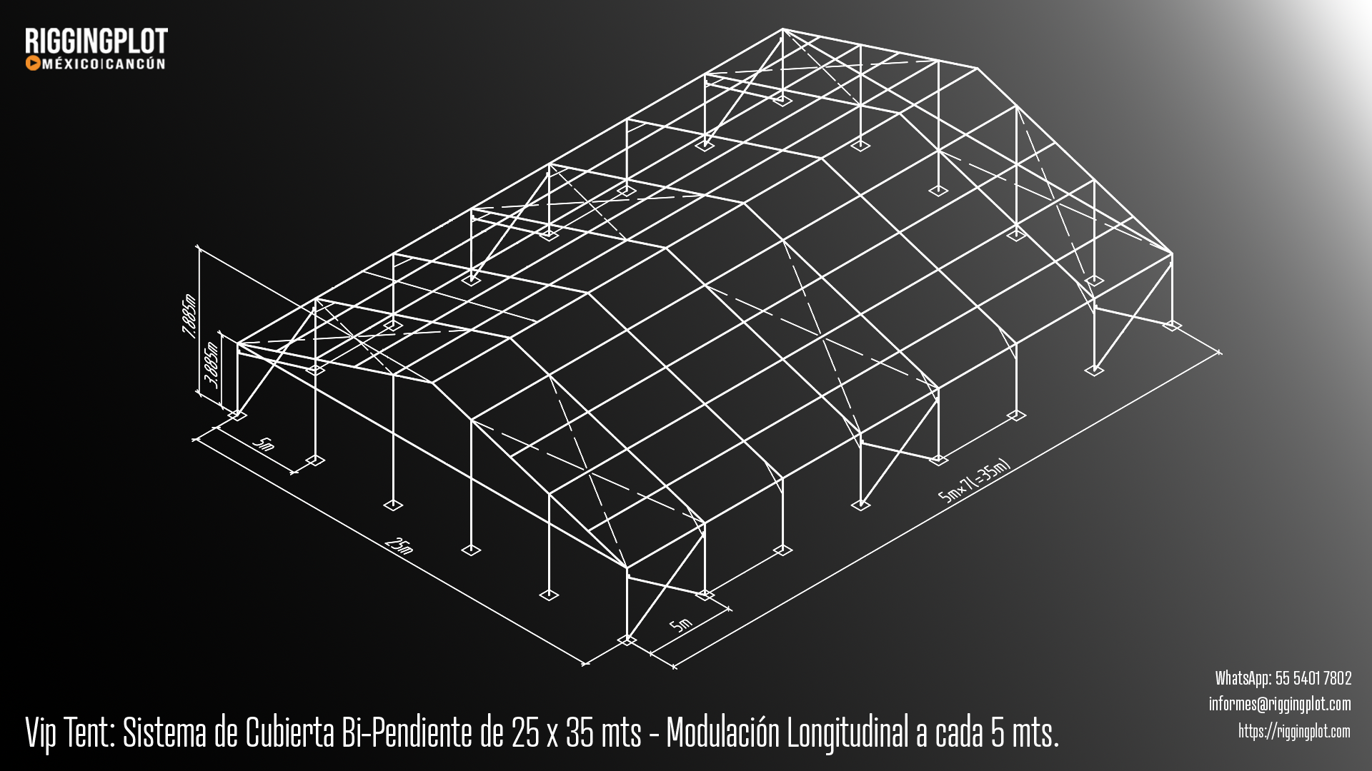 Carpa Losberger VIP Tent de 25.00 × 35.00 m con sistema de caída de agua bi pendiente en renta para eventos en Cancún.