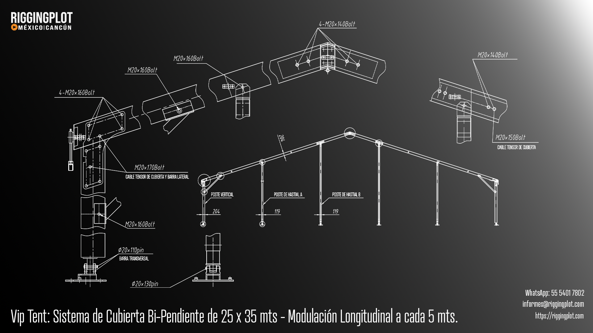 Carpa Losberger VIP Tent de 25.00 × 35.00 m con sistema de caída de agua bi pendiente en renta para eventos en Cancún.