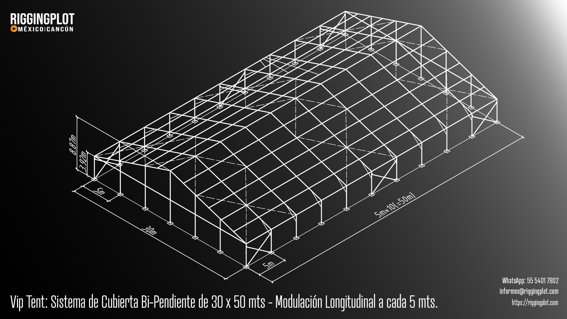 Carpa Losberger VIP Tent de 30.00 × 50.00 m con sistema de caída de agua bi pendiente en renta para eventos en Cancún