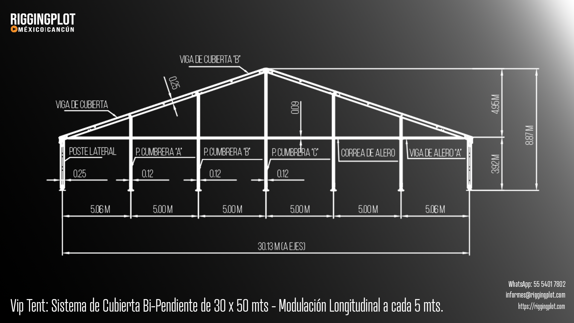 Carpa Losberger VIP Tent de 30.00 × 50.00 m con sistema de caída de agua bi pendiente en renta para eventos en Cancún