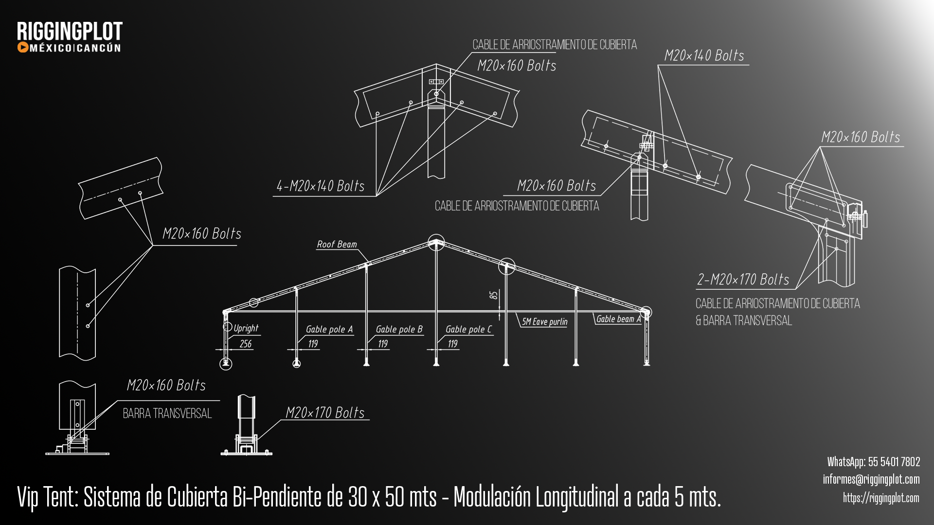 Carpa Losberger VIP Tent de 30.00 × 50.00 m con sistema de caída de agua bi pendiente en renta para eventos en Cancún