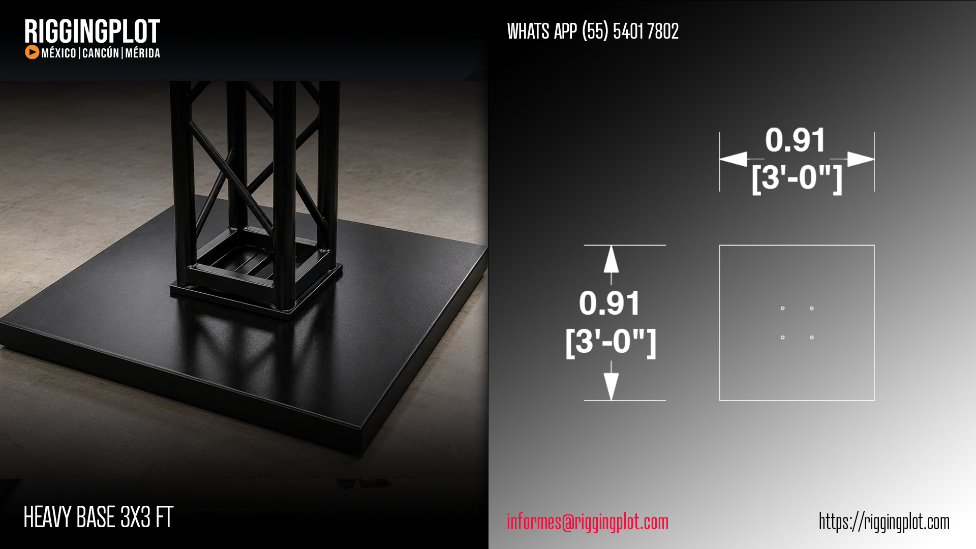 Renta y venta de contrapeso placa base de 0.91 x 0.91 mts (3 x 3 ft) para truss que se coloca directamente en la parte inferior de la truss para armar torres o columnas estructurales en hospitalities, stands y escenarios en Cancún.
