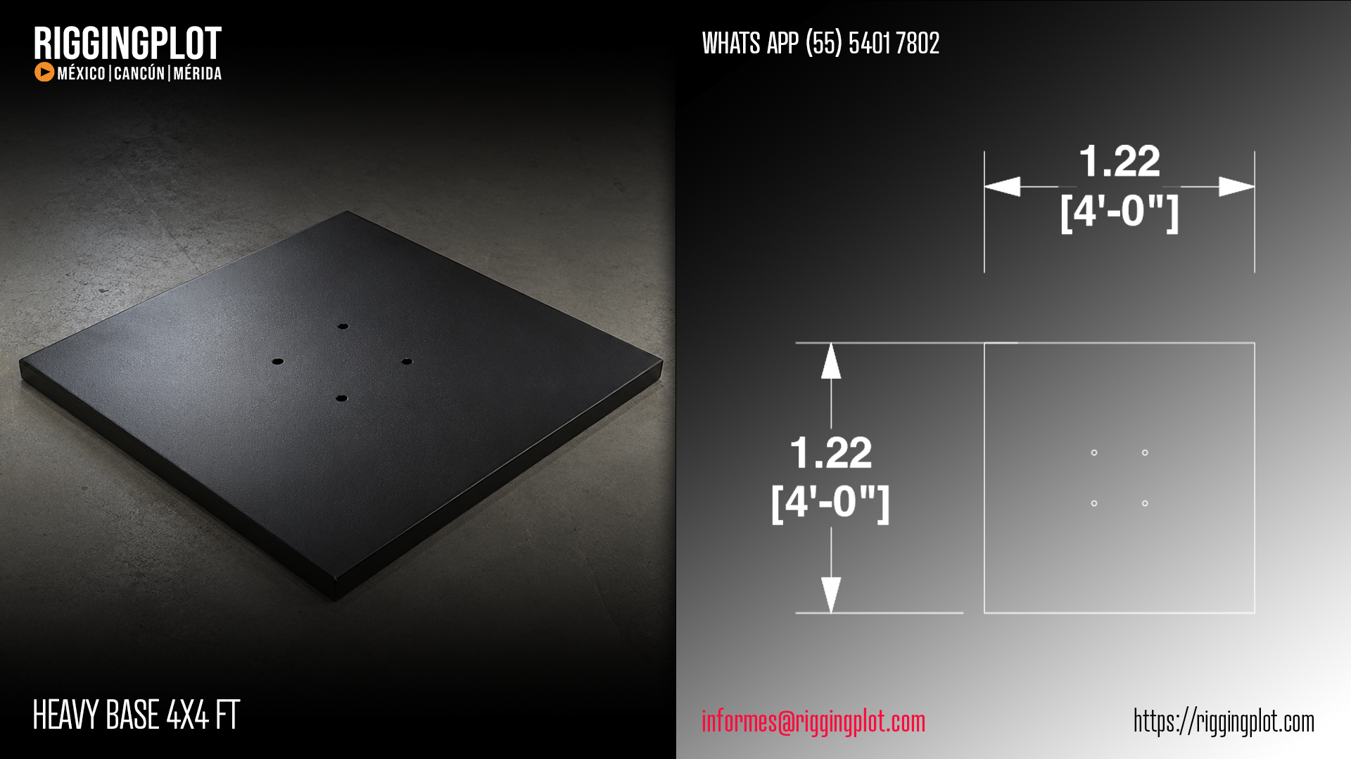 Renta y venta de contrapeso placa base de 1.22 x 1.22 mts (4 x 4 ft) para truss que se coloca directamente en la parte inferior de la truss para armar torres o columnas estructurales en hospitalities, stands y escenarios en Cancún.