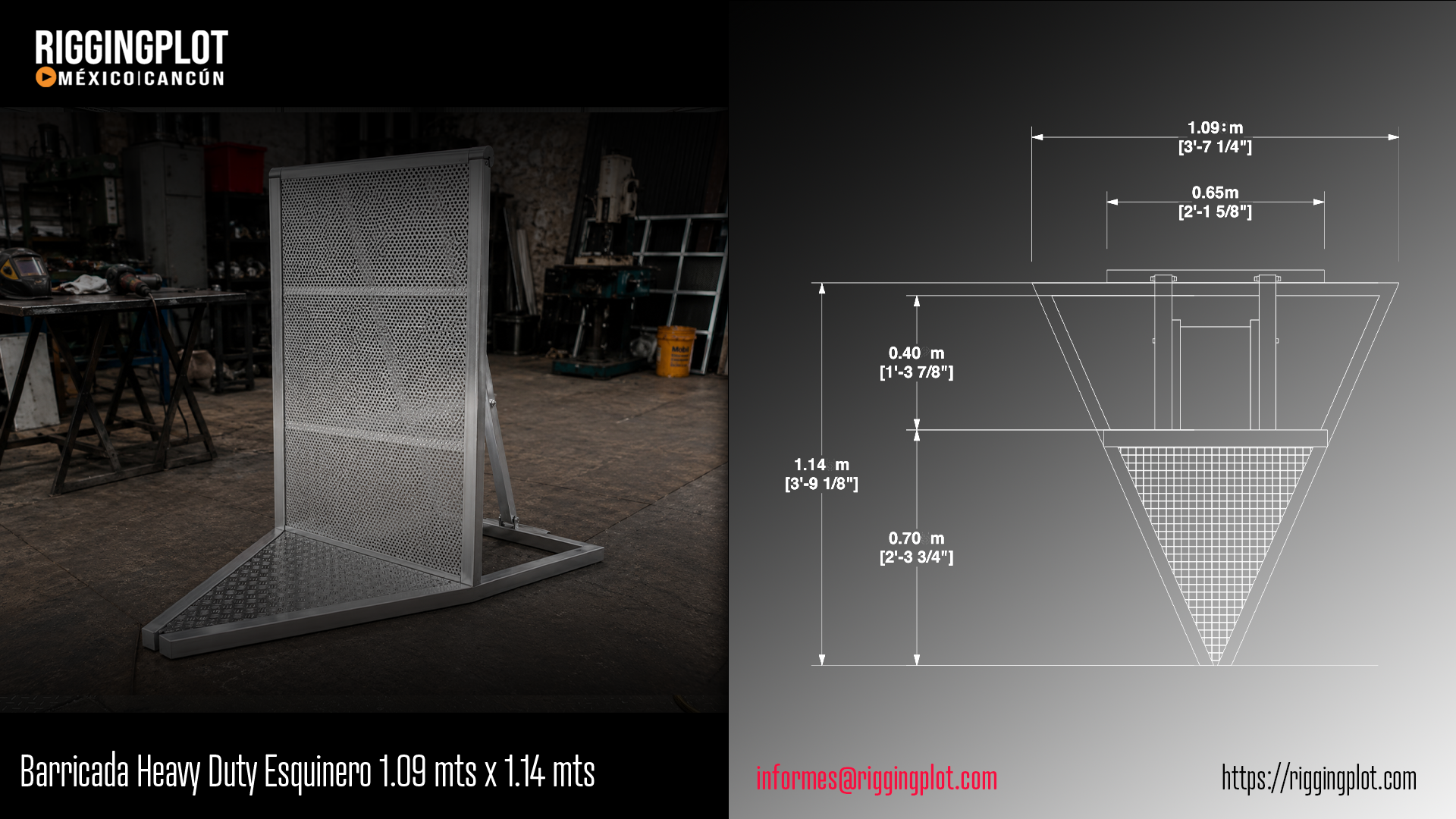 Barricada Heavy Duty Esquinero 1.09 x 1.14 mts fabricada en aluminio de alta resistencia, ideal para seguridad y control en eventos masivos.