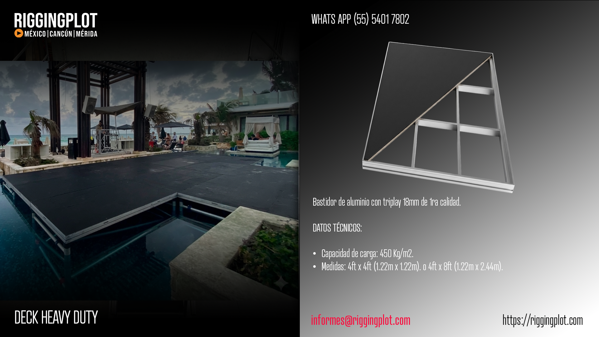 FICHA TÉCNICA ESCENARIO DECK DE ALUMINIO DE 1.22X2.44MTS DE 1.20 A 1.80MTS DE ALTURA EN CANCÚN