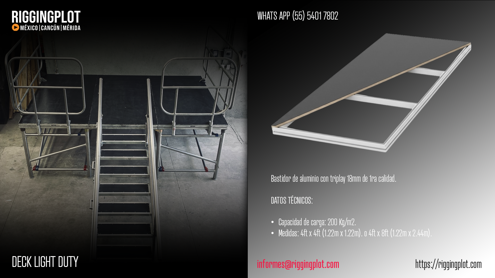 FICHA TÉCNICA ESCENARIO DECK DE ALUMINIO DE 1.22X2.44MTS DE 1.20 A 1.80MTS DE ALTURA EN CANCÚN