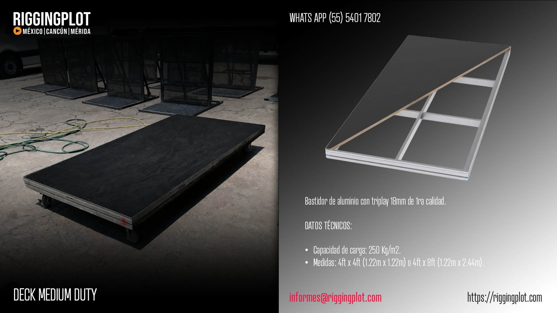 FICHA TÉCNICA ESCENARIO DECK DE ALUMINIO DE 1.22X2.44MTS DE 1.20 A 1.80MTS DE ALTURA EN CANCÚN