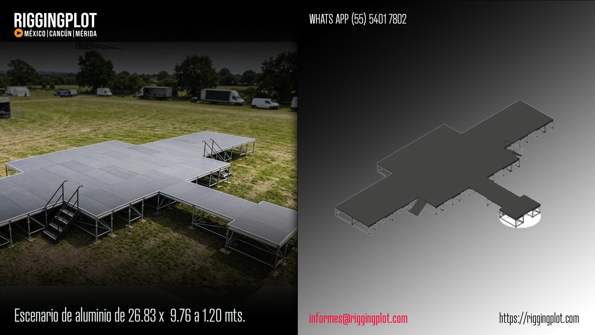 FICHA TÉCNICA ESCENARIO DE ALUMINIO 26.83 x 9.76 A 1.20 MTS EN CANCÚN