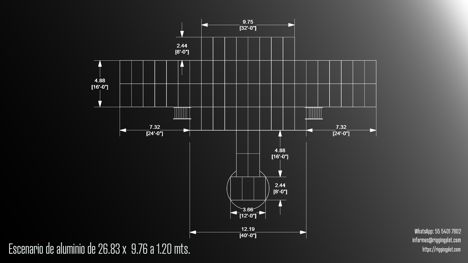 FICHA TÉCNICA ESCENARIO DE ALUMINIO 26.83 x 9.76 A 1.20 MTS EN CANCÚN