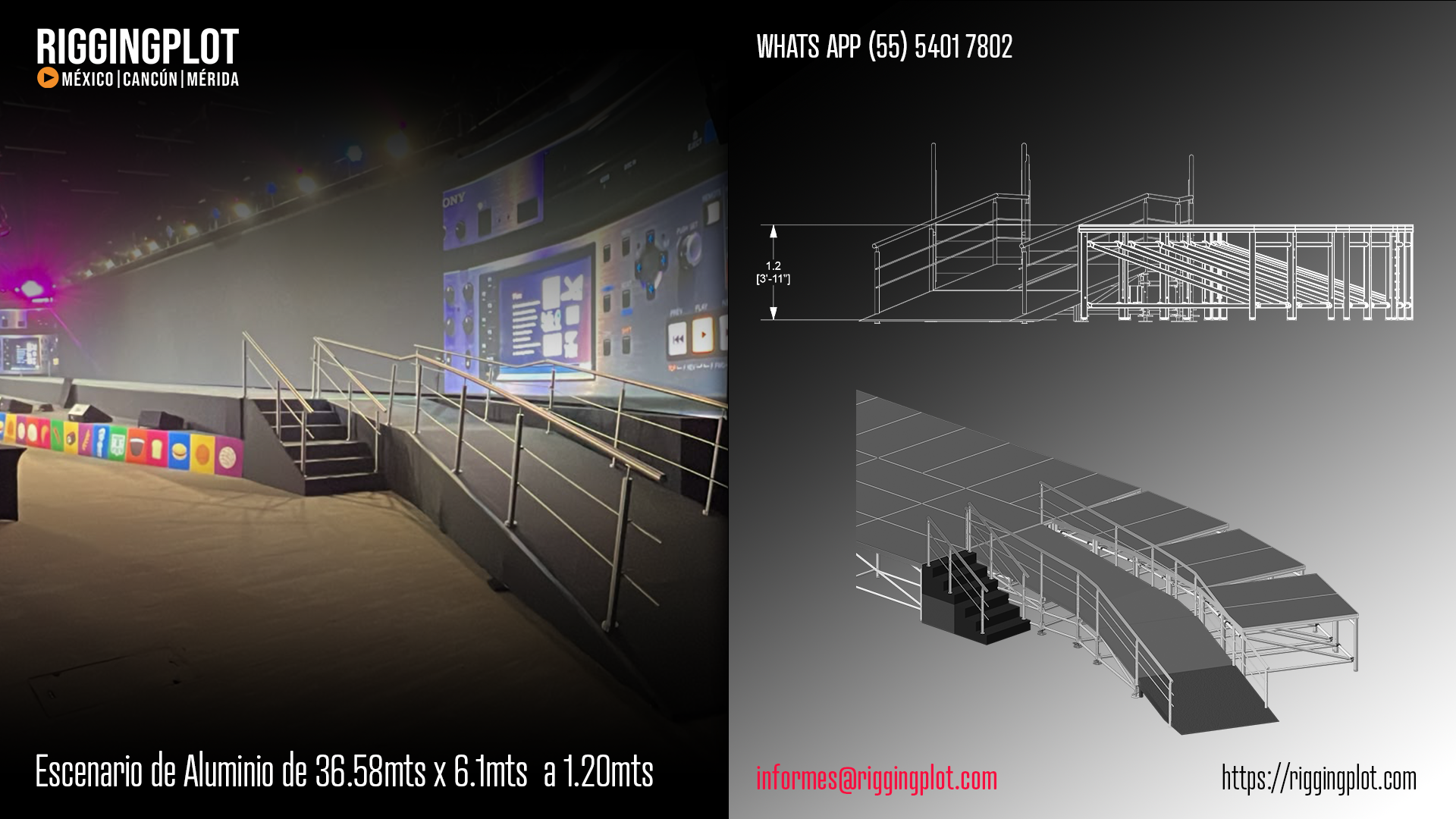 Renta y venta de escenario modulable de aluminio (36.58 x 6.1 m), ideal para plazas públicas, estadios, campos deportivos, mítines políticos o festivales al aire libre, salones de fiestas, centros de convenciones, hoteles y auditorios para bodas, galas, convenciones o lanzamientos de marca, explanadas institucionales, escuelas, recintos feriales y centros de exposiciones para actos gubernamentales, graduaciones, pasarelas de moda y ferias comerciales en Cancún.