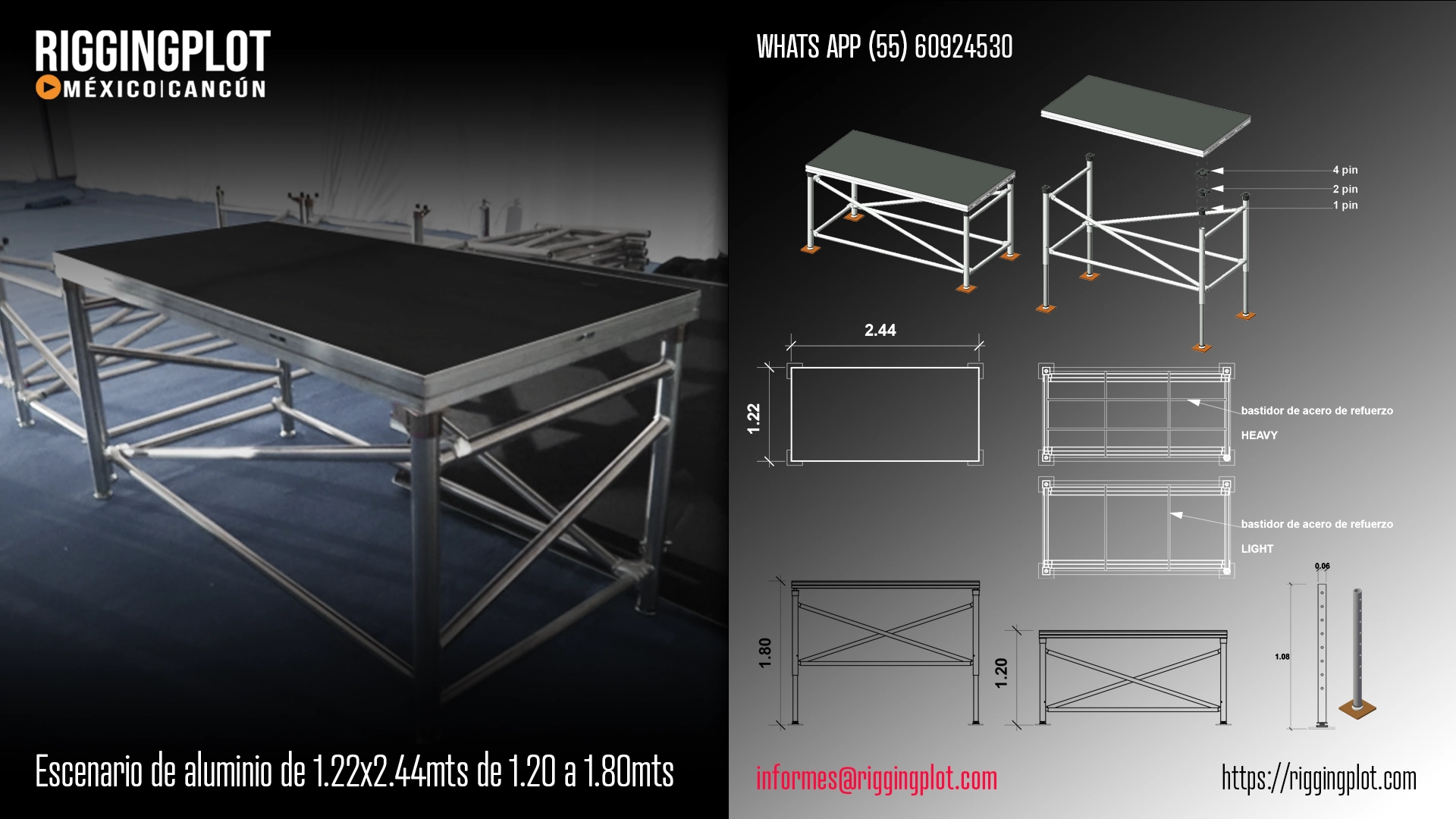 FICHA TÉCNICA ESCENARIO DECK DE ALUMINIO DE 1.22X2.44MTS DE 1.20 A 1.80MTS DE ALTURA EN CANCÚN
