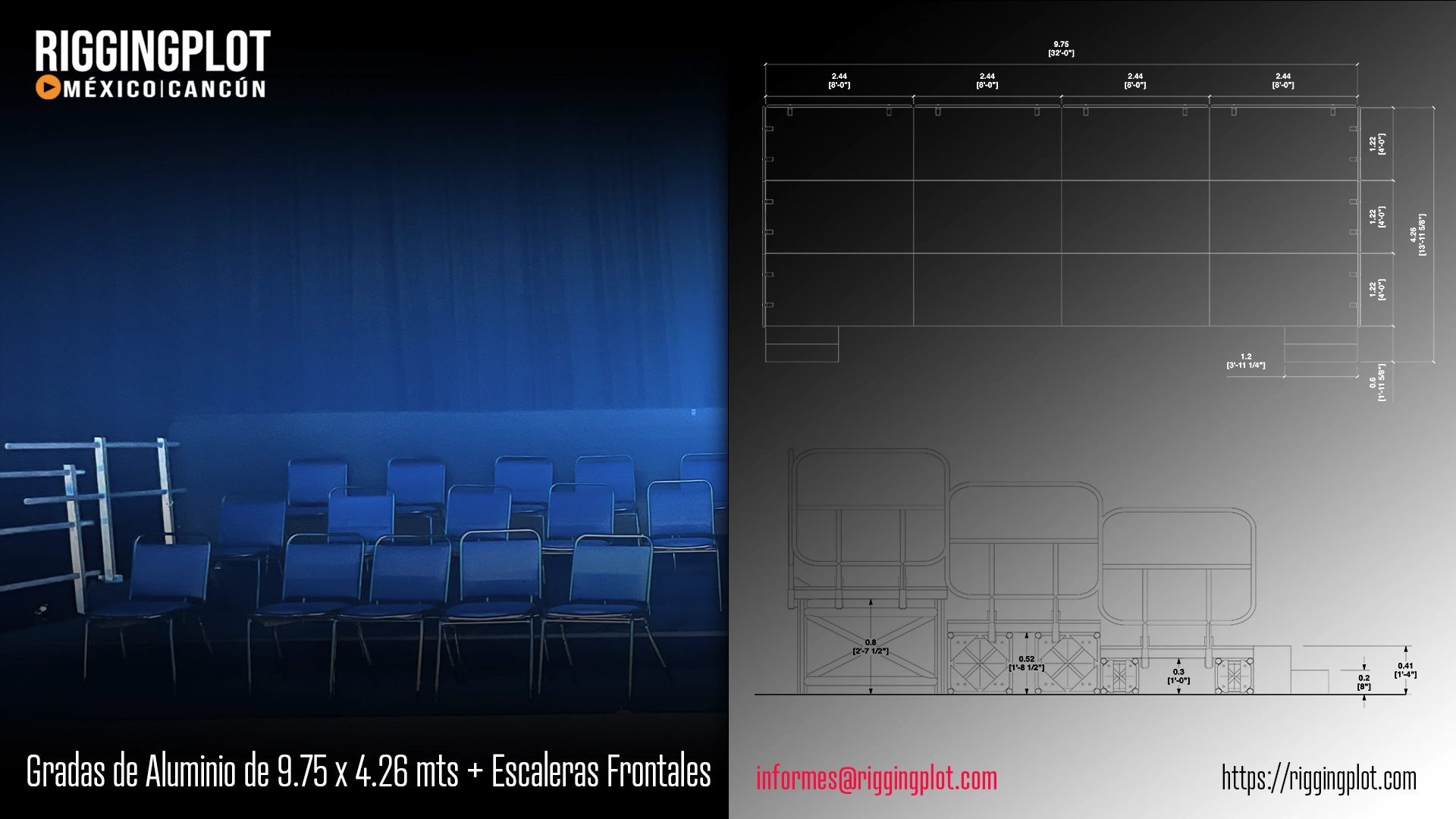 ficha técnica grada de aluminio de 4 niveles de 17.07 metros de frente x 4.88 metros de profundidad x 1.60 metros de altura