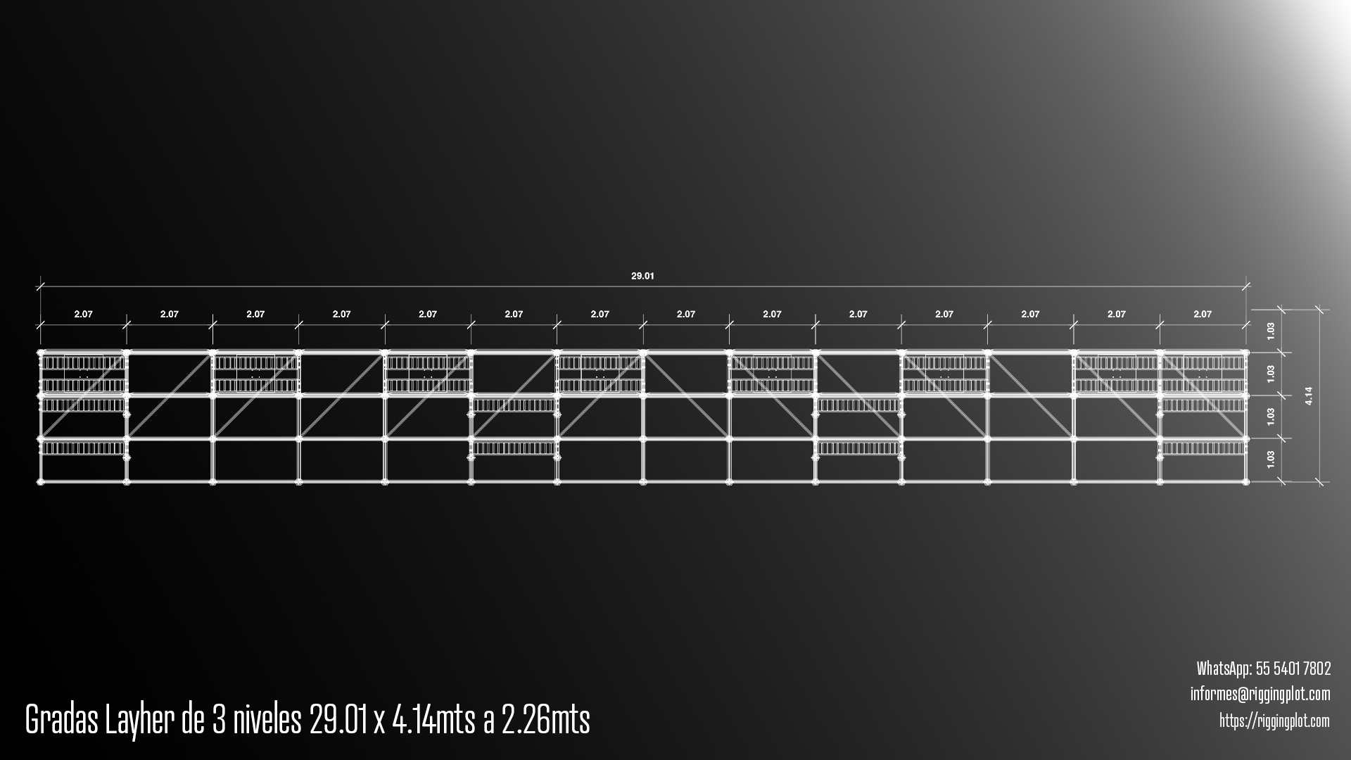 ficha técnica grada layher de 3 niveles de 29.01 metros de frente x 4.14 metros de profundidad x 2.26 metros de altura