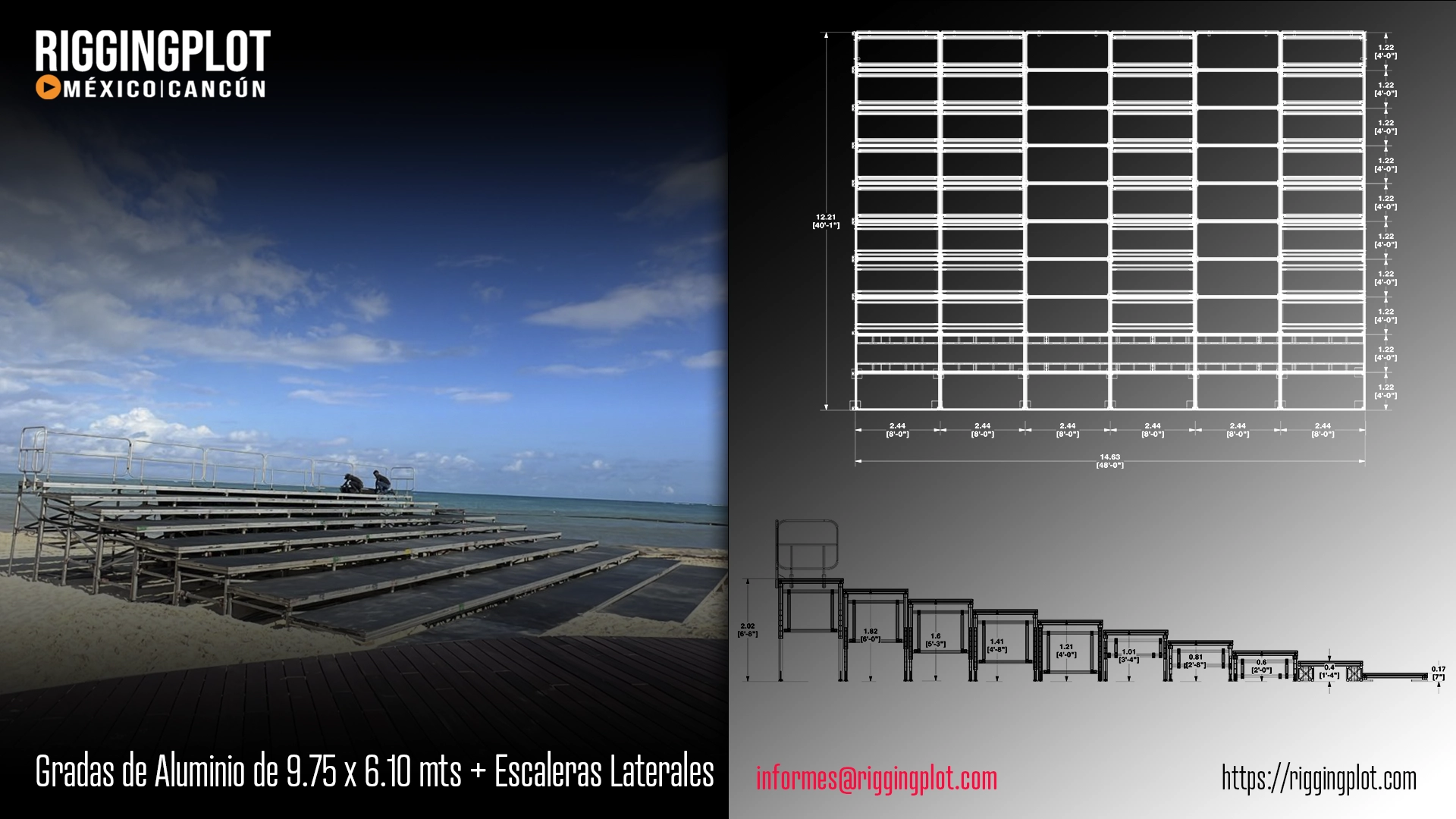FICHA TECNICA DE GRADA DE 10 NIVELES DE 14.63 METROS DE FRENTE X 12.21 METROS DE PROFUNDIDAD X 2.02 METROS DE ALTURA