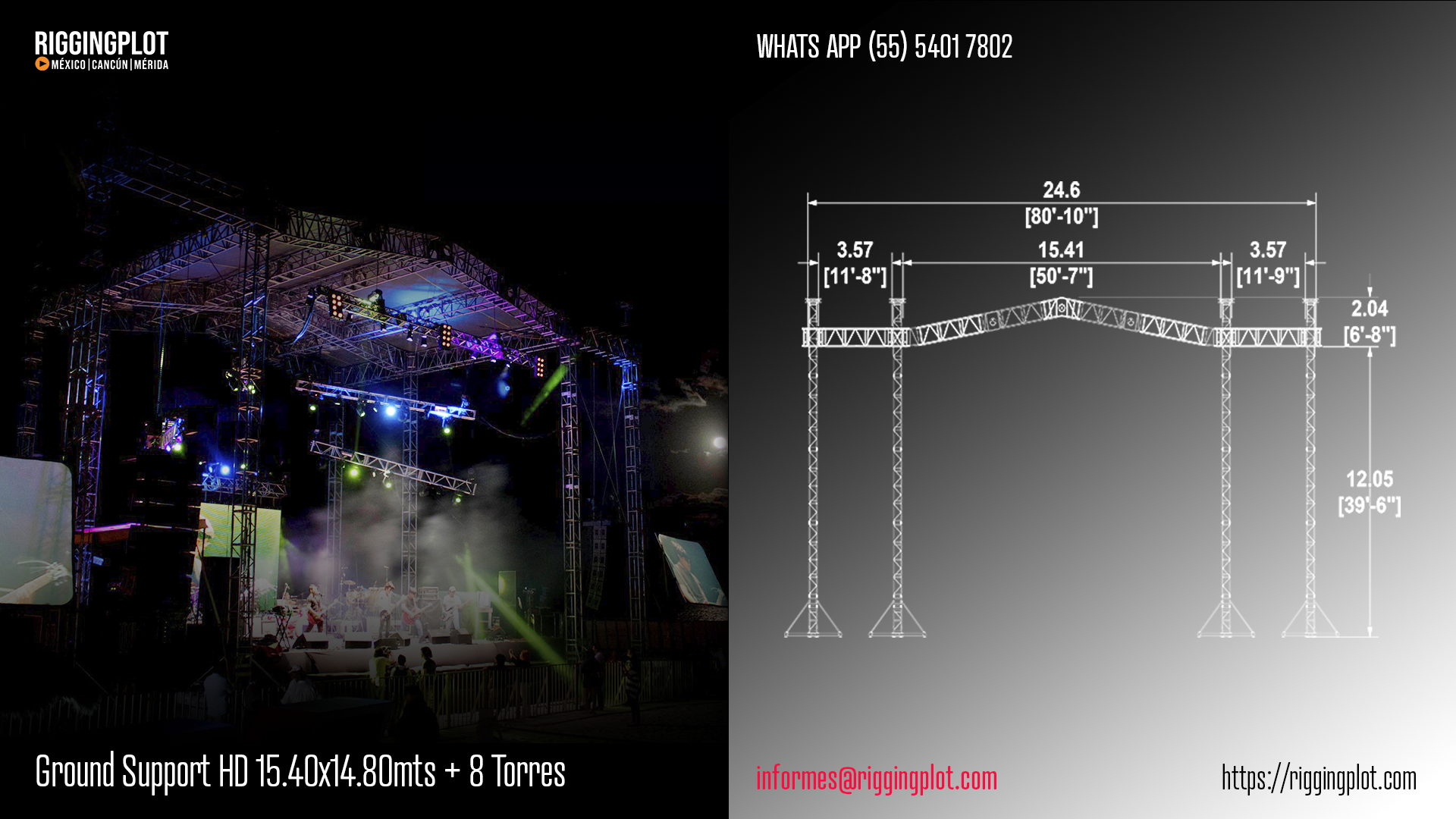 VISTA FRONTAL DE GROUND SUPPORT HEAVY DUTY DE 15.41 X 14.80 MTS EN CANCÚN CON 14 TORRES DOBLES, ESTRUCTURA PROFESIONAL PARA MONTAJE DE ILUMINACIÓN, AUDIO Y PANTALLAS LED EN EVENTOS MASIVOS