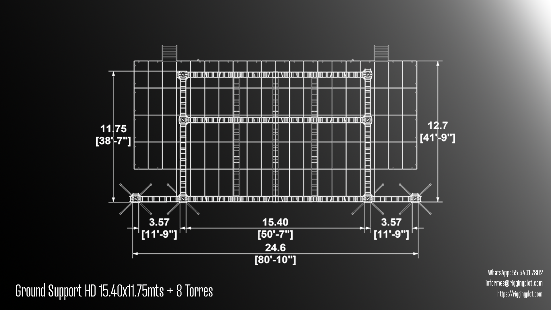 VISTA FRONTAL DE GROUND SUPPORT HEAVY DUTY DE 15.41 X 14.80 MTS EN CANCÚN CON 14 TORRES DOBLES, ESTRUCTURA PROFESIONAL PARA MONTAJE DE ILUMINACIÓN, AUDIO Y PANTALLAS LED EN EVENTOS MASIVOS