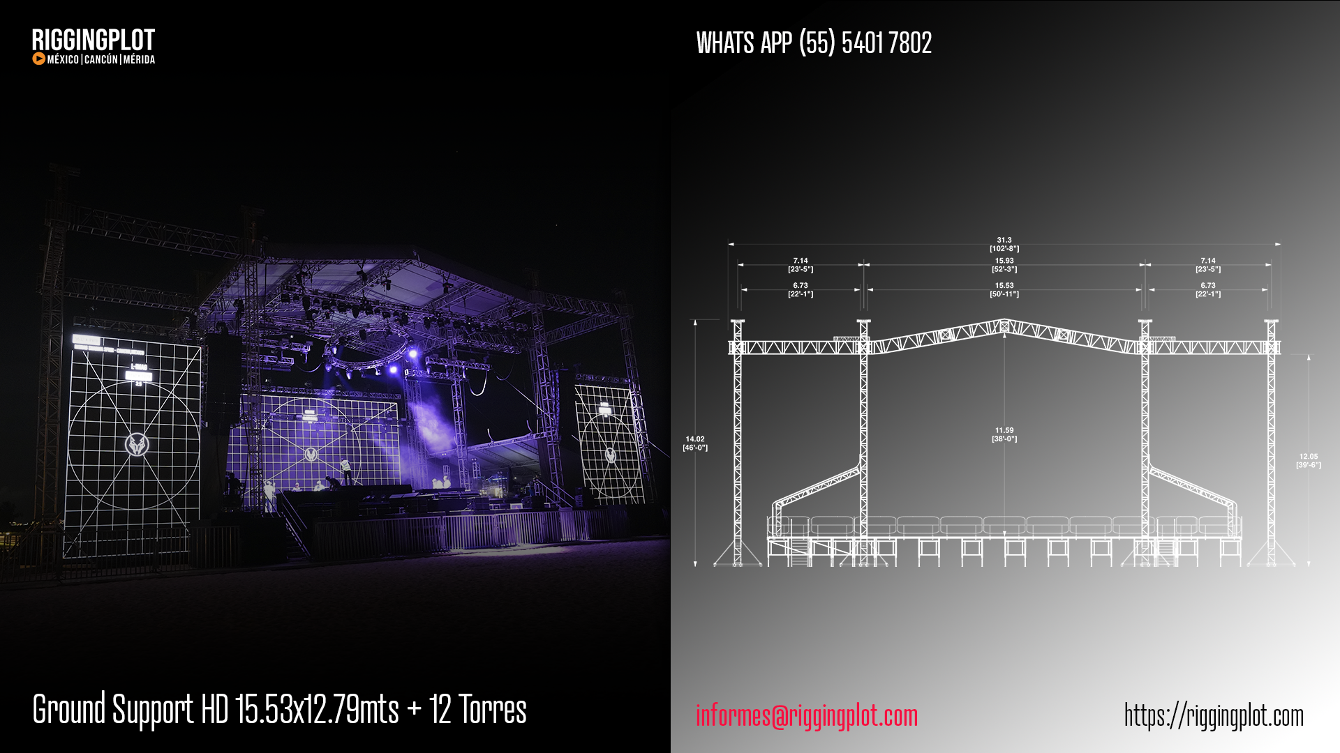 ficha tecnica ground support heavy duty de 15.53x12.79 mts con 12 torres riggingplot Cancún