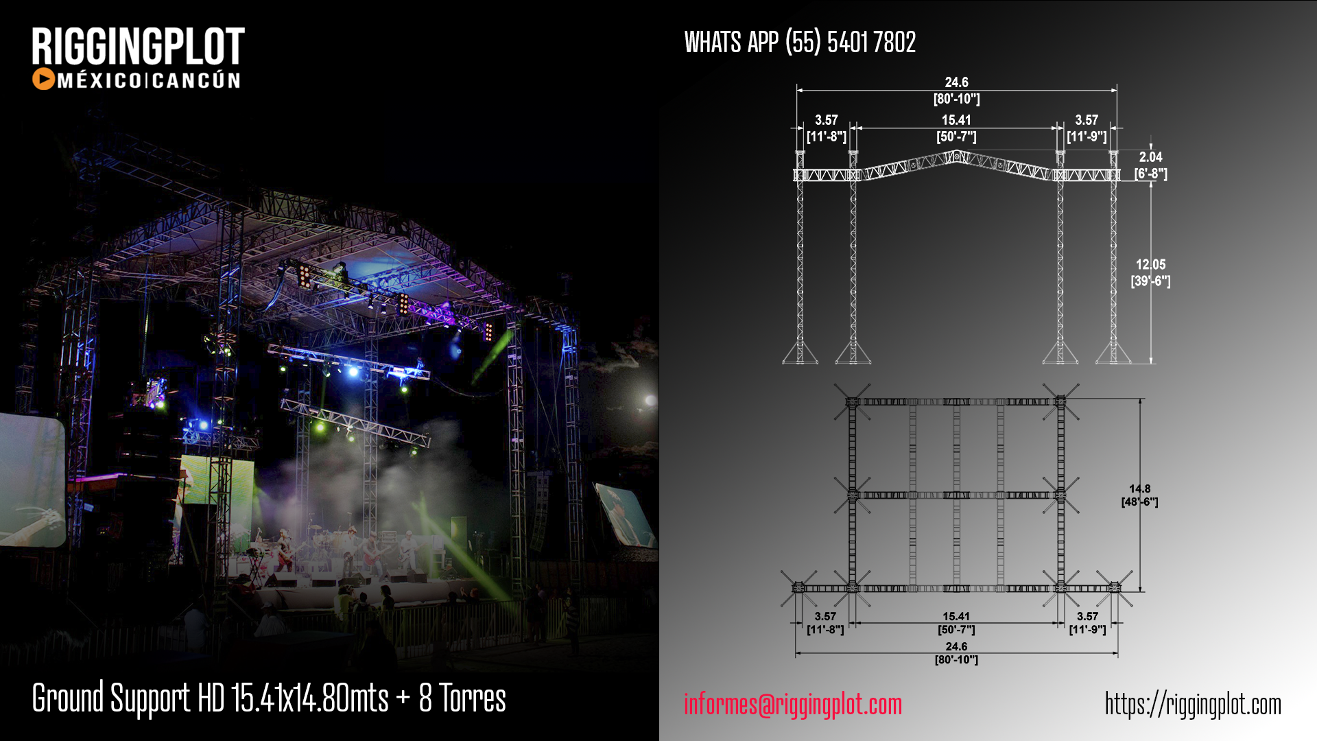 VISTA FRONTAL DE GROUND SUPPORT HEAVY DUTY DE 15.41 X 14.80 MTS EN CANCÚN CON 14 TORRES DOBLES, ESTRUCTURA PROFESIONAL PARA MONTAJE DE ILUMINACIÓN, AUDIO Y PANTALLAS LED EN EVENTOS MASIVOS