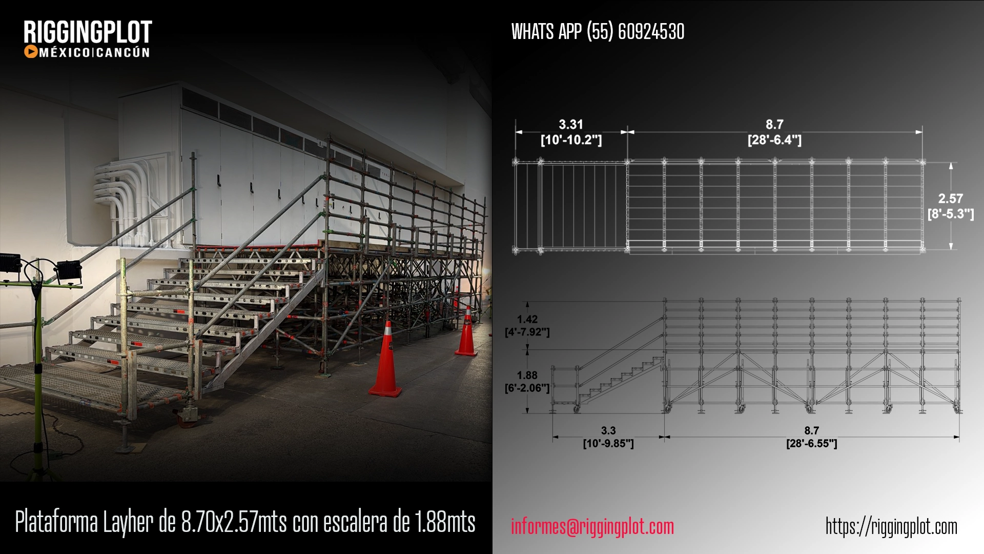 FICHA TECNICA DE PLATAFORMA LAYHER DE 8.70X2.57MTS CON ESCALERA DE 1.88MTS DE ALTURA