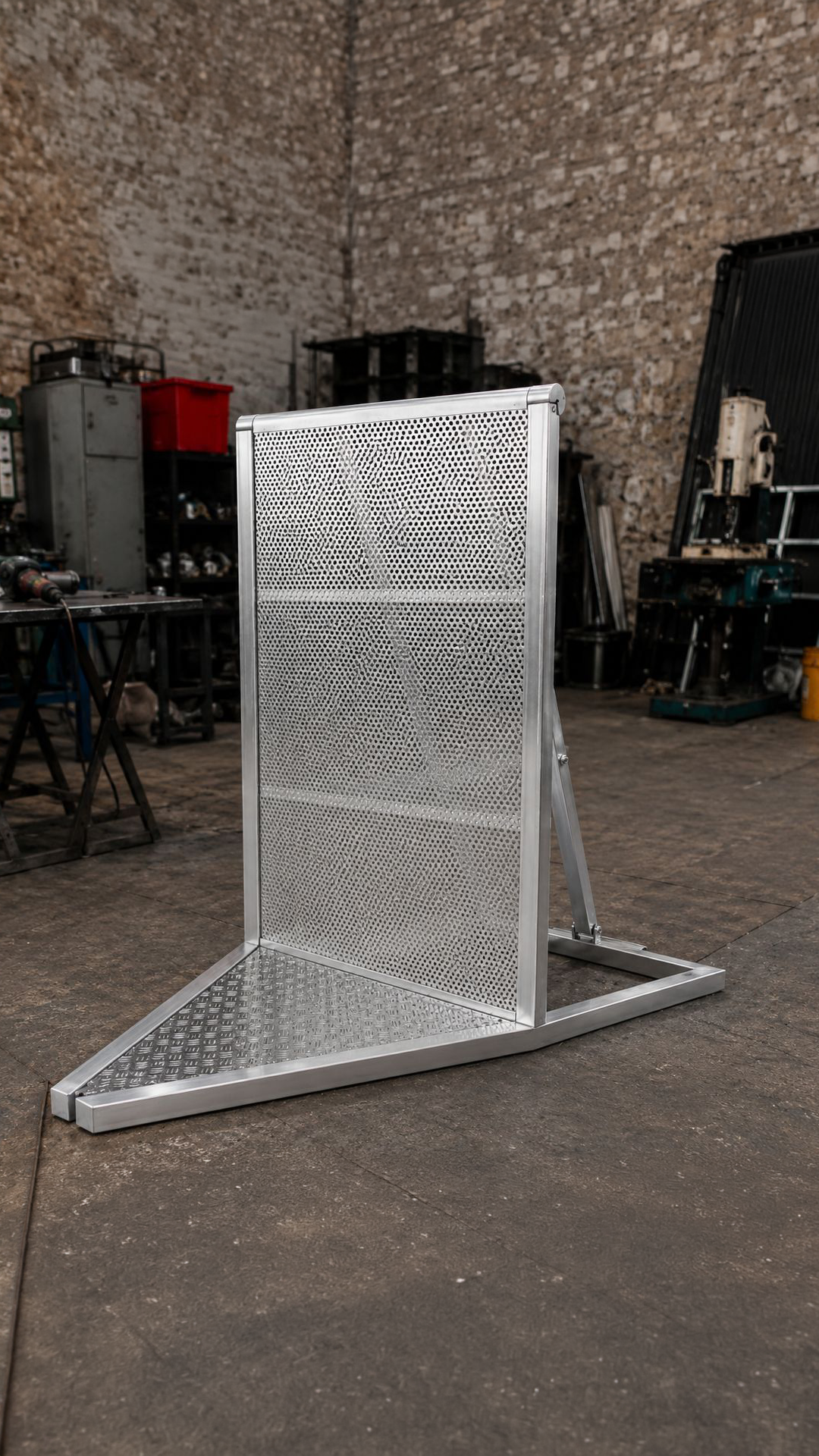 Vista lateral de unas gradas temporales con desgaste realista por uso, rodeadas de cables en el suelo de tierra y listas para recibir a los asistentes en un recinto de conciertos exterior.