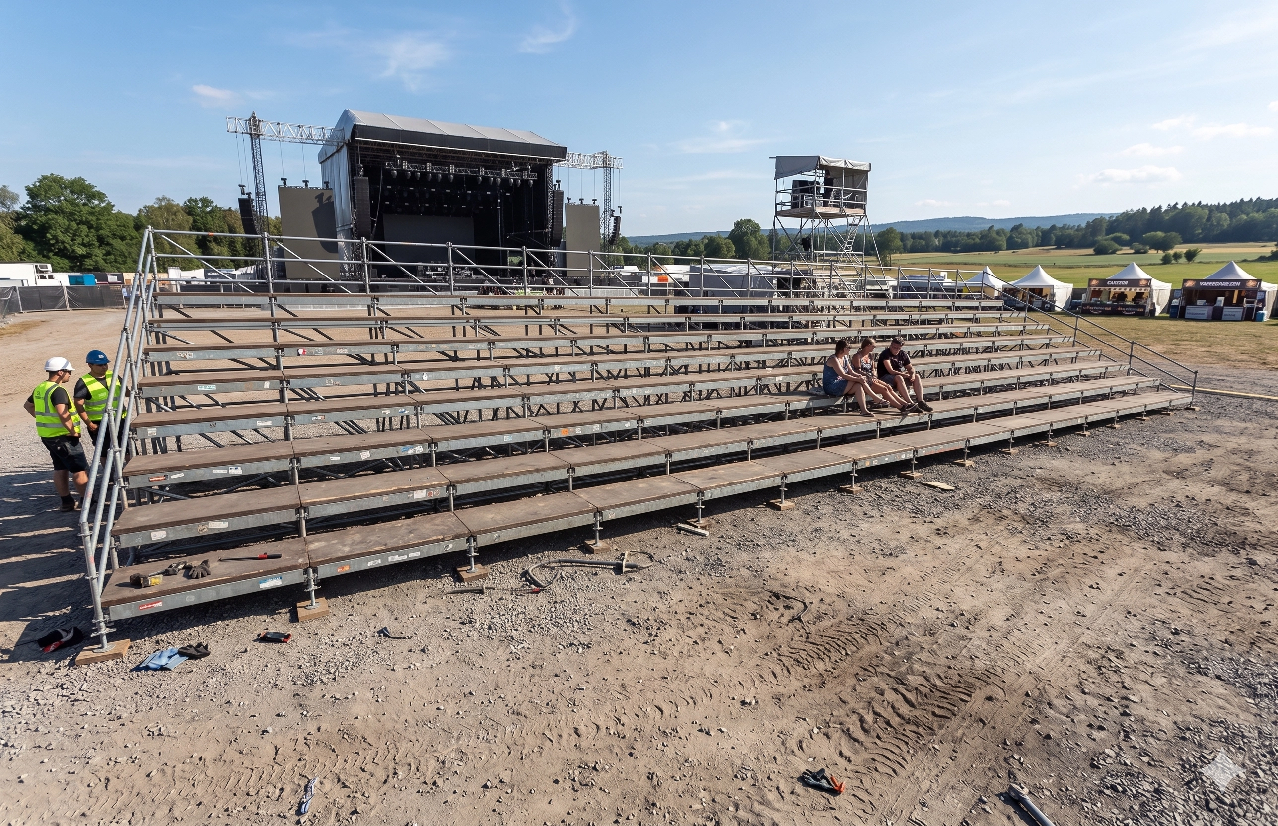 Gradas modulares de andamiaje y madera instaladas en la zona de público de un festival al aire libre, con el escenario principal visible al fondo bajo un cielo despejado