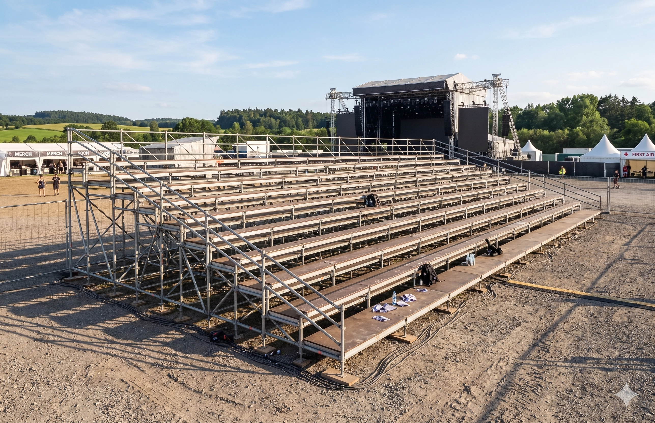 Estructura escalonada construida con sistema de andamios de acero galvanizado tipo Layher y plataformas de asiento en madera, montada sobre terreno rústico nivelado.