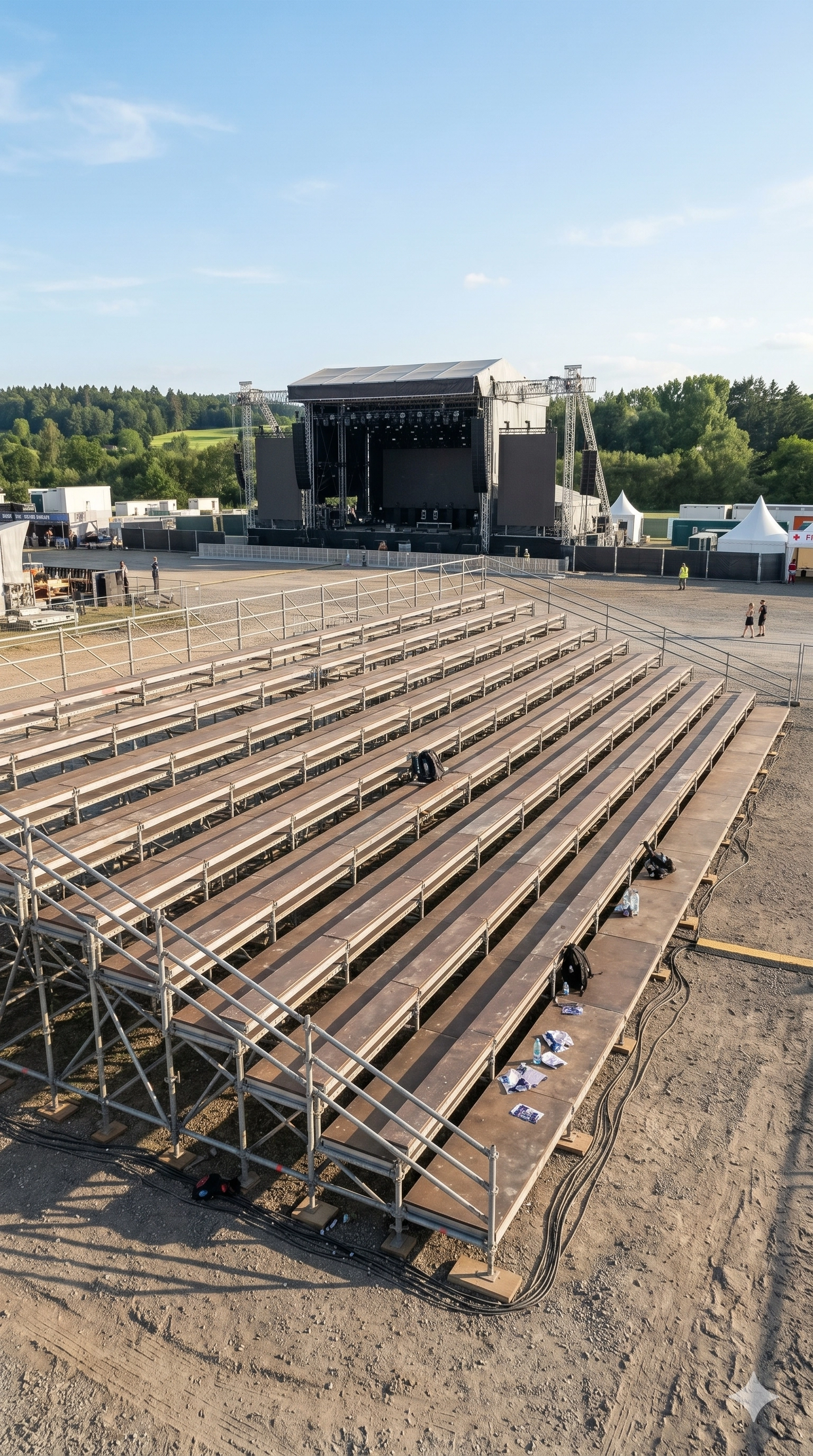 Vista lateral de unas gradas temporales con desgaste realista por uso, rodeadas de cables en el suelo de tierra y listas para recibir a los asistentes en un recinto de conciertos exterior.