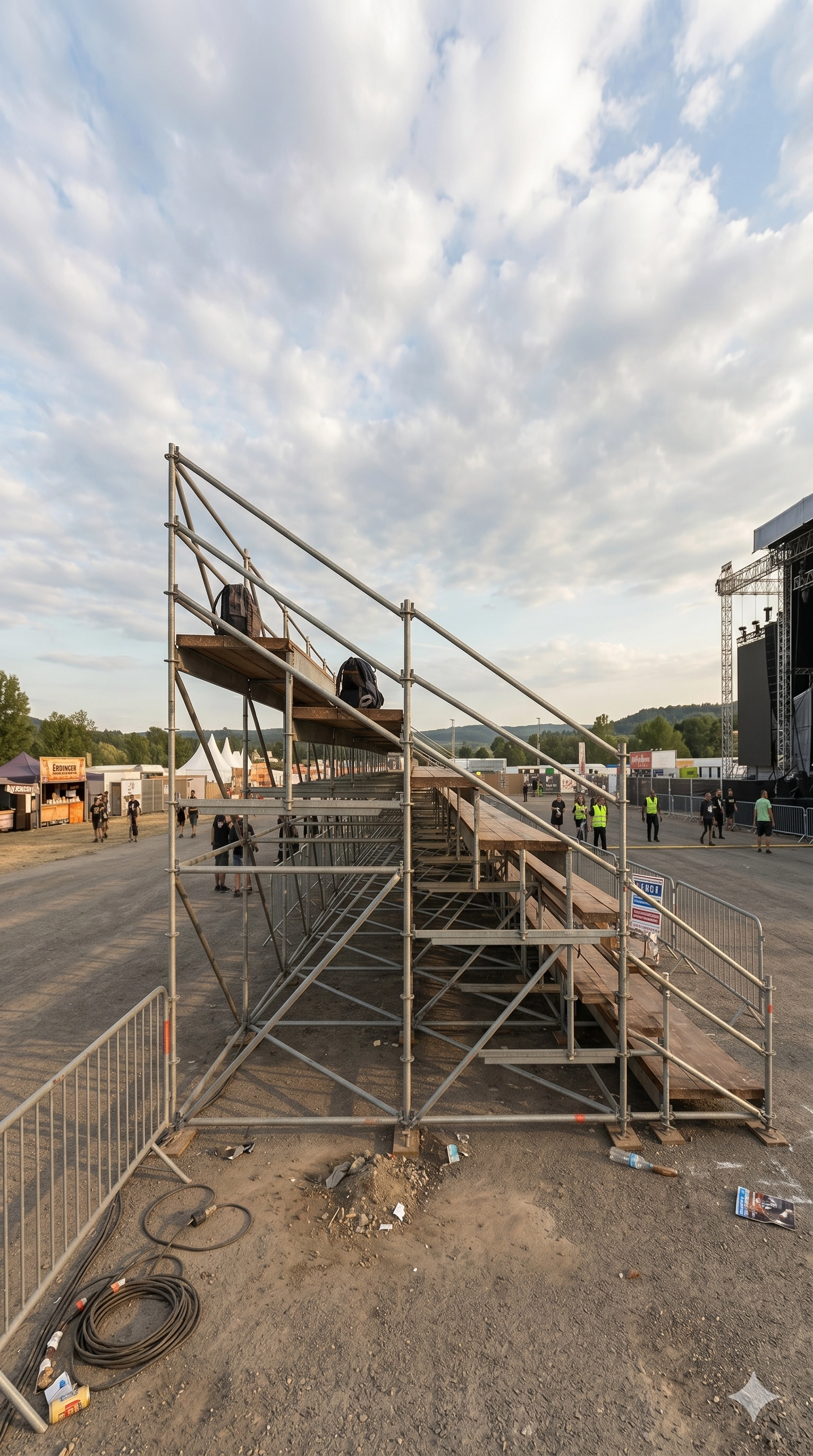 Vista lateral de unas gradas temporales con desgaste realista por uso, rodeadas de cables en el suelo de tierra y listas para recibir a los asistentes en un recinto de conciertos exterior.
