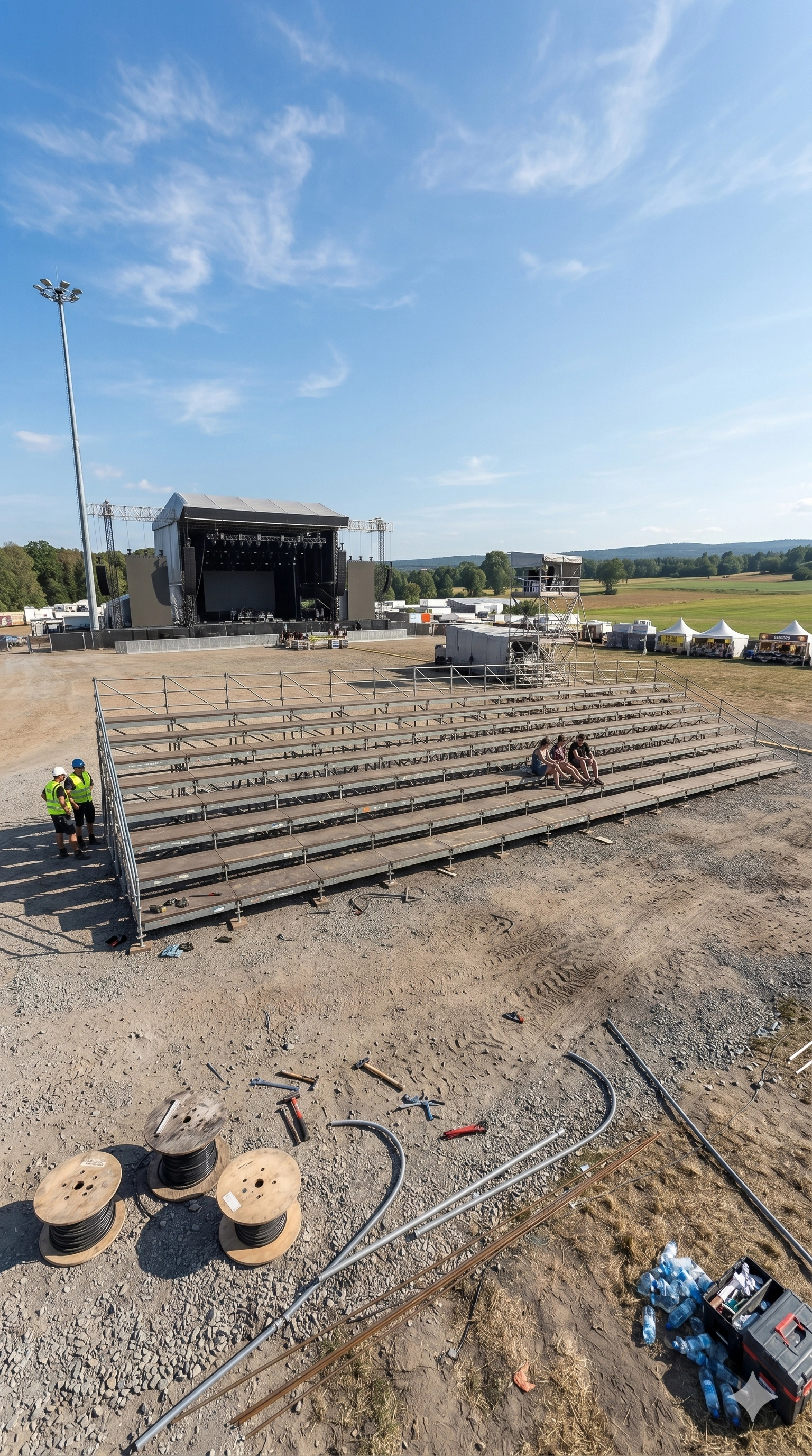 Gradas modulares de andamiaje y madera instaladas en la zona de público de un festival al aire libre, con el escenario principal visible al fondo bajo un cielo despejado